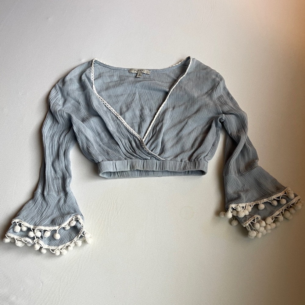 Papaya Blue Crop Top with Pom-Pom Sleeves